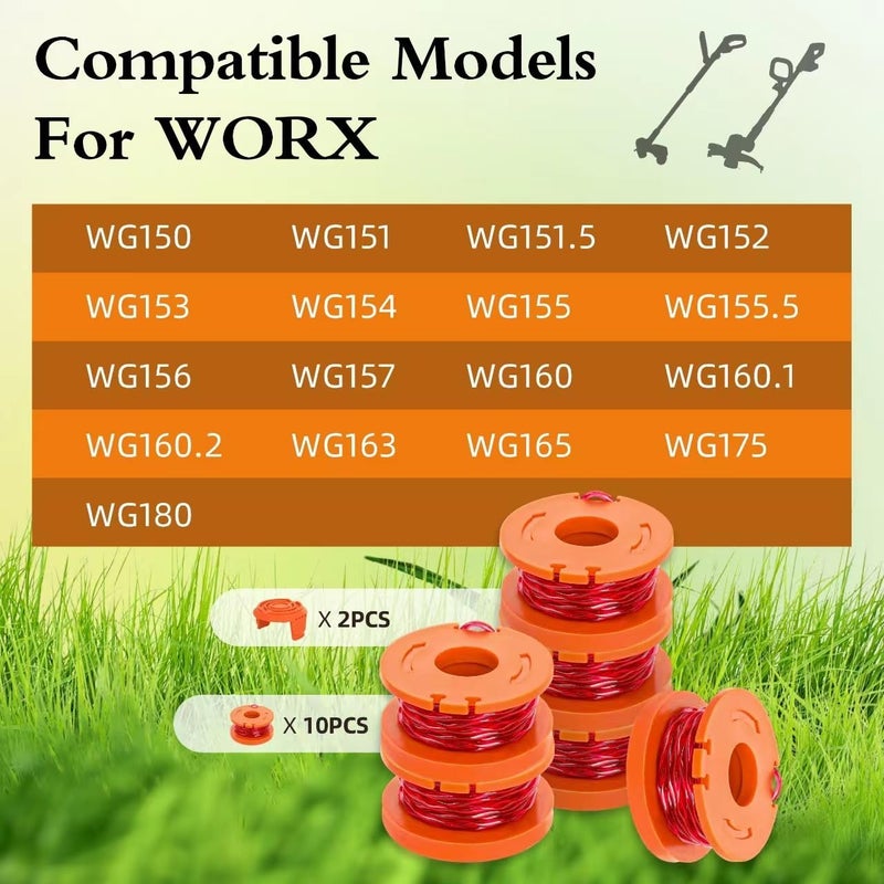 YMHB Trimmer Spool Line for Worx,12 Pack WA0010 Edger Spools Replacement for Worx, Trimmer Line Refills 0.065 inch for Worx, Suitable for Worx String Trimmers(10 Grass Trimmer Line, 2 Trimmer Cap) - Image 4